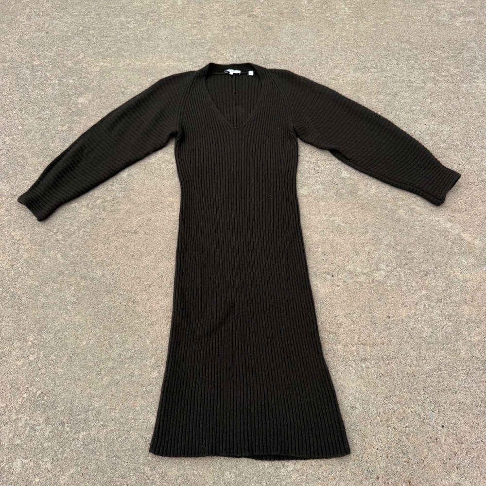 VINCE | Womens Ribbed Wool Yak Blend V-Neck Midi Dress M Black Minimalist